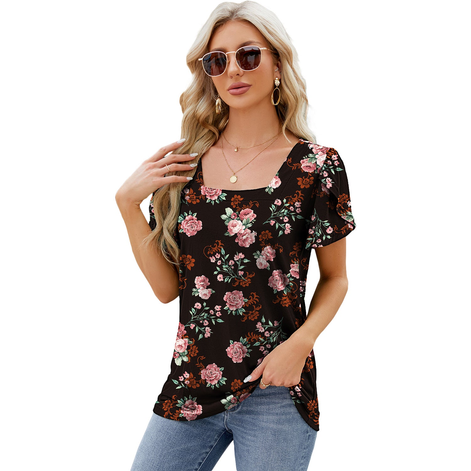 Summer Top Fashion Square Neck Printed Short-sleeved T-shirt With Petal Sleeve Design Bohemian Beach Loose T-shirt For Womens Clothing - globaltradeleader