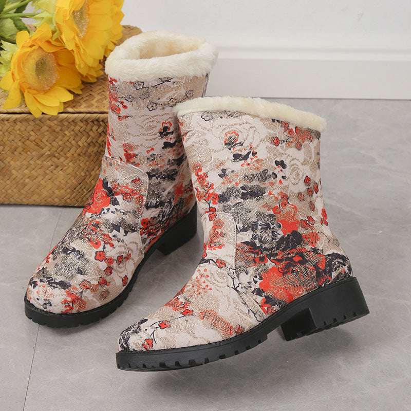 Fashion Flowers Print Ankle Boots With Plush Winter Warm Platform Shoes Women Lightweight Plus Velvet Ankle Boots - globaltradeleader