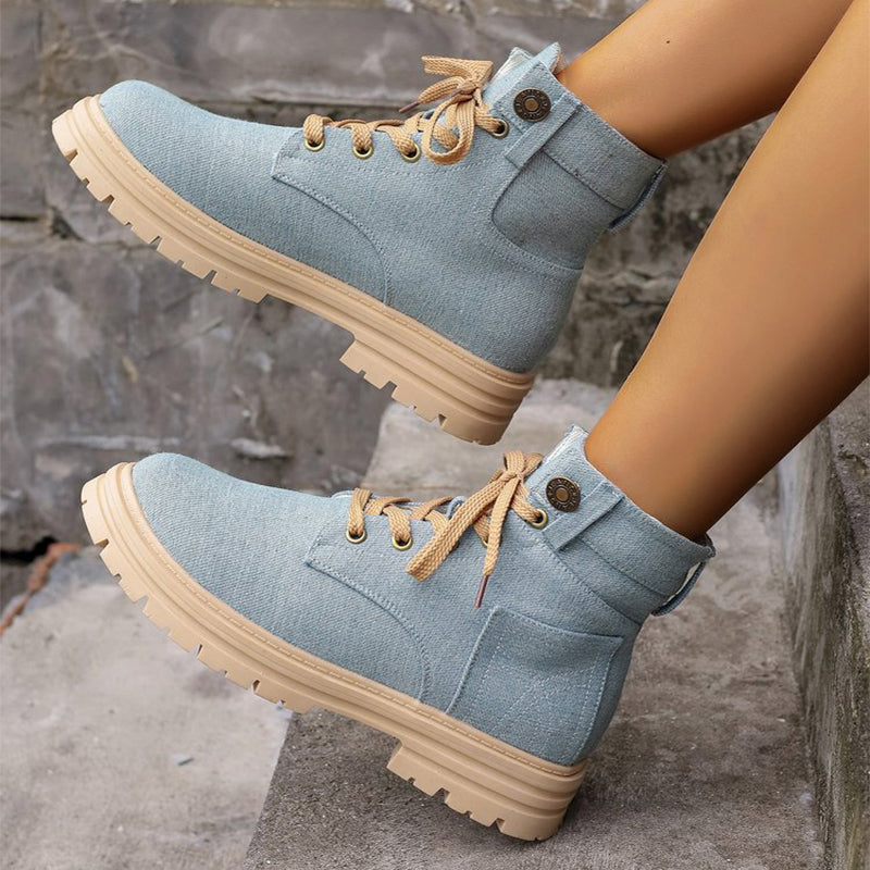 Lace-up Denim Ankle Boots Women Fashion Platform Cowboy Boots Casual Fashion Autumn Winter Round Toe Shoes