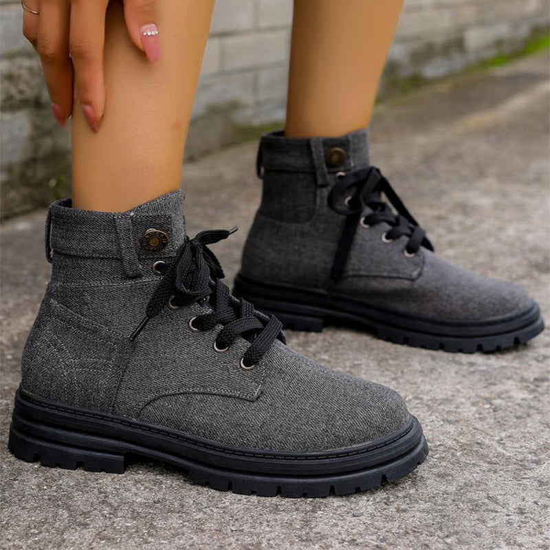 Lace-up Denim Ankle Boots Women Fashion Platform Cowboy Boots Casual Fashion Autumn Winter Round Toe Shoes