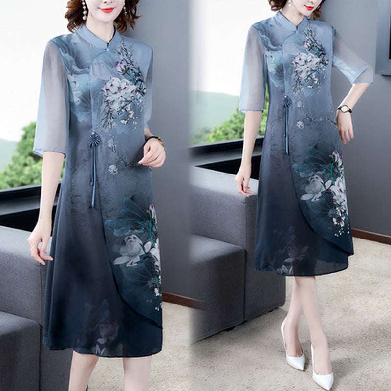 Chinese style printed silk cheongsam
