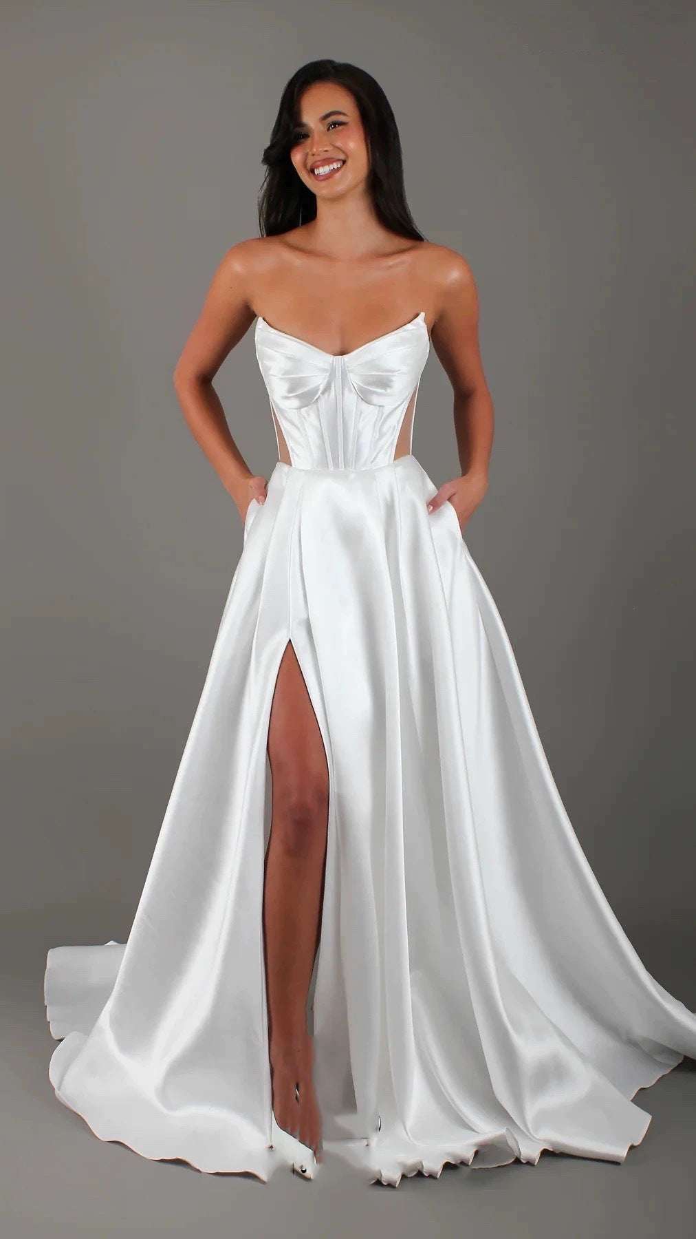 White Satin Slit Pocket Bandage Wedding Dress - globaltradeleader
