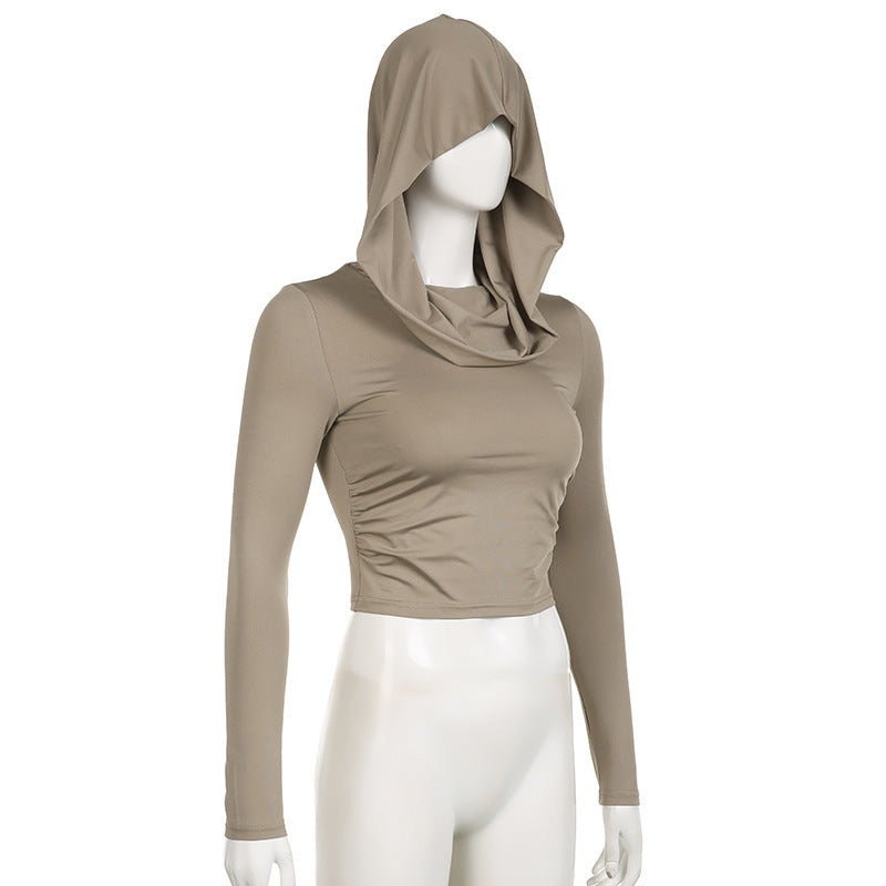 European And American Solid Color Swing Collar Hooded Long Sleeve Skinny Short T-shirt - globaltradeleader