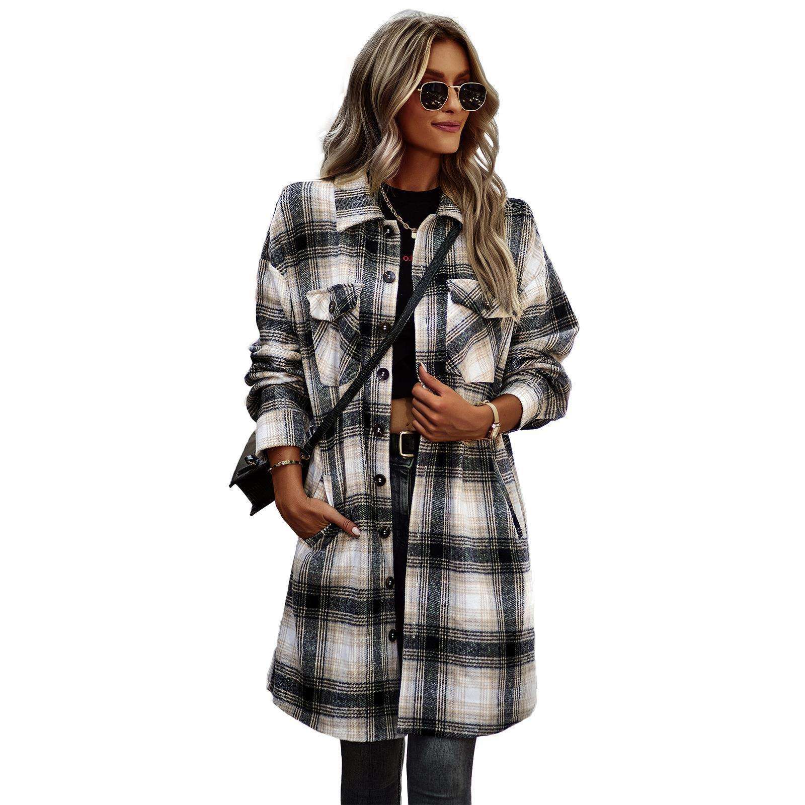 Temperament Leisure Long Plaid Tup Cardigan Coat - globaltradeleader