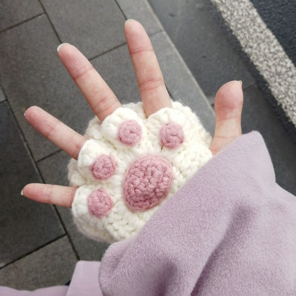 Cat's Paw Gloves Handmade Wool Woven Half Finger Finished Cute Warm Winter Gift For Girlfriend - globaltradeleader