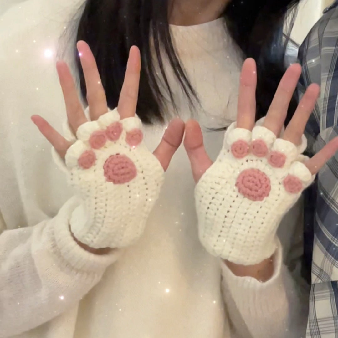 Cat's Paw Gloves Handmade Wool Woven Half Finger Finished Cute Warm Winter Gift For Girlfriend - globaltradeleader