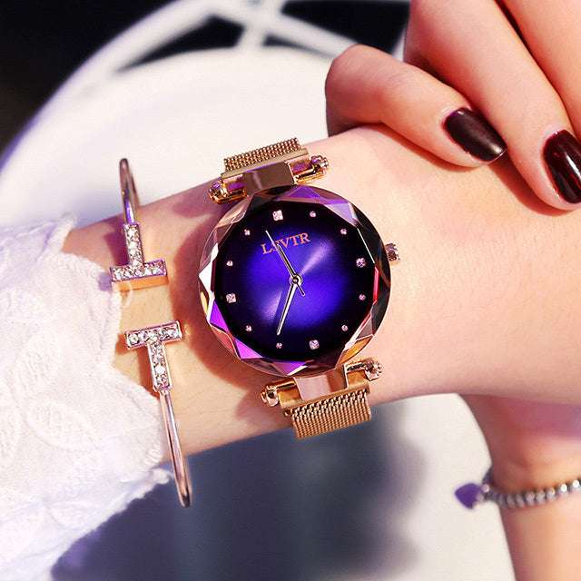 Rose Gold Women Watches Fashion Diamond Ladies Starry Sky Magnet Watch Waterproof Female Wristwatch - globaltradeleader