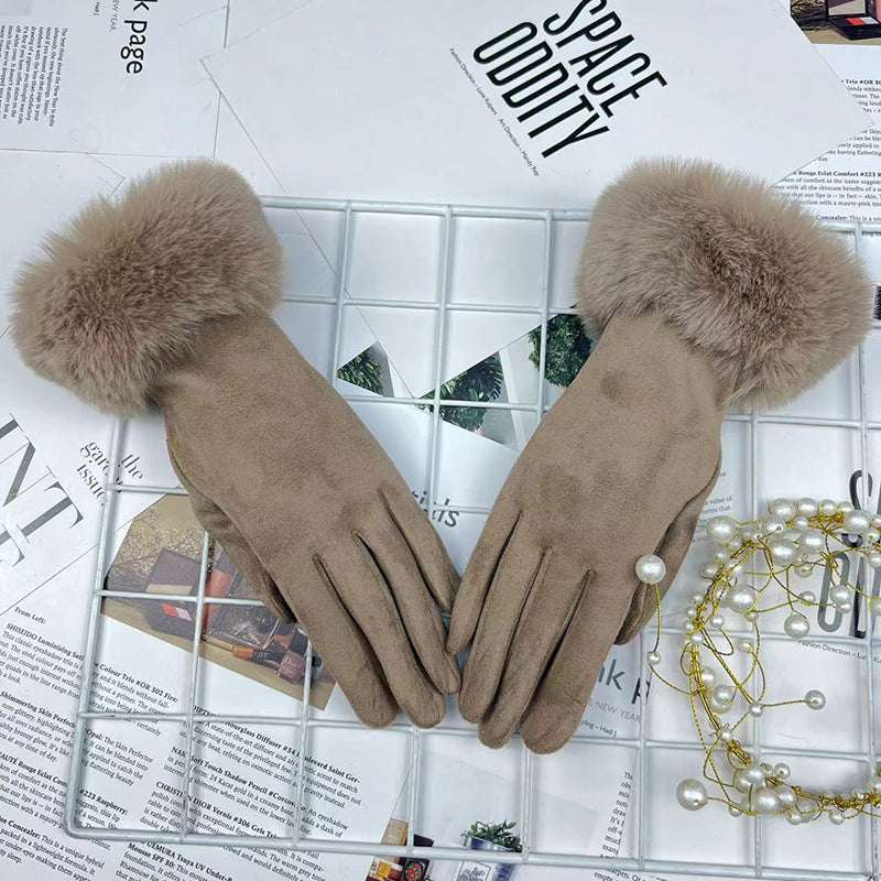 Warm Women's Fur Mouth Winter Riding Fleece-lined Finger Gloves Battery Car Thickened - globaltradeleader