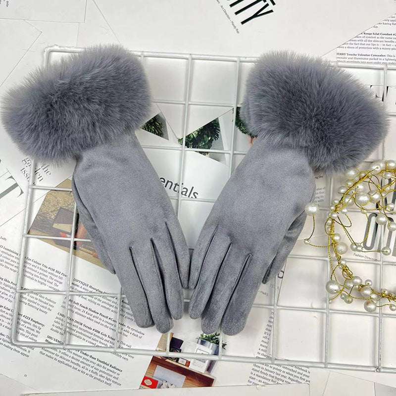 Warm Women's Fur Mouth Winter Riding Fleece-lined Finger Gloves Battery Car Thickened - globaltradeleader