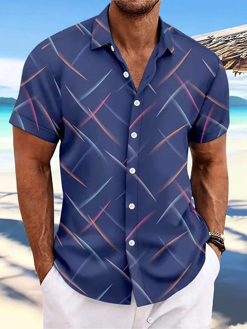 Summer New Men's Striped Feather Casual Beach Short Sleeve Button Shirt - globaltradeleader