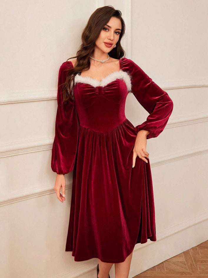 Women's Vintage Christmas Party Long Sleeve Red Dress - globaltradeleader