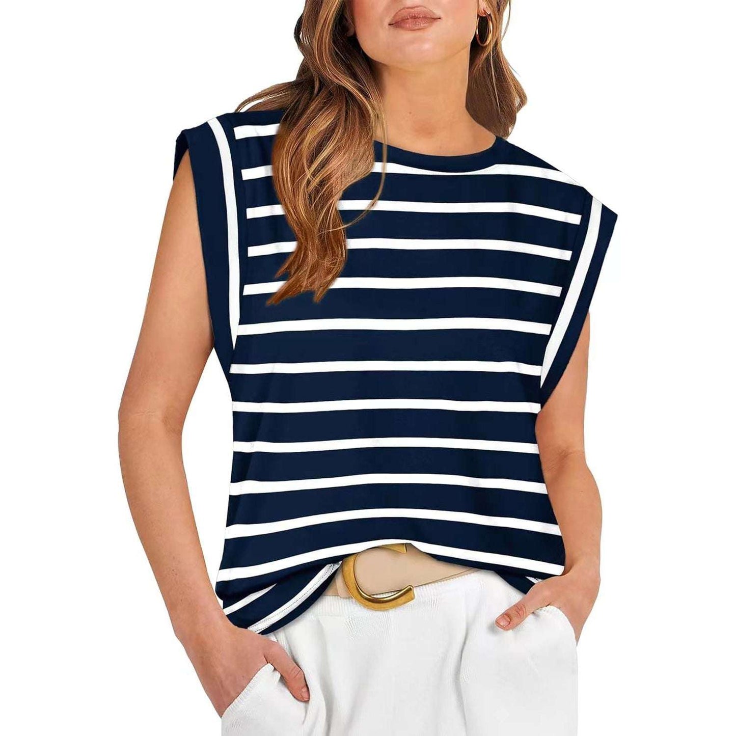 Spring And Summer New Round Neck Loose Short Sleeved T-shirt Striped Top Women's Vest - globaltradeleader