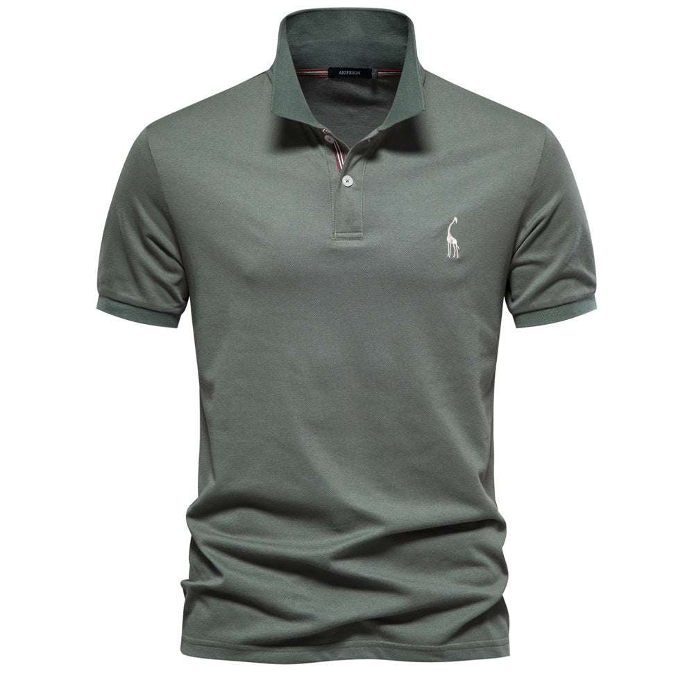Deer Embroidered Men's T-shirt Solid Color Polo Collar Basic Style Short-sleeved Shirt Men - globaltradeleader