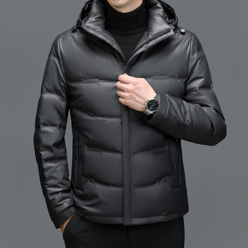 Men's Casual Solid Color White Duck Down Warm Hooder Leather Coat - globaltradeleader