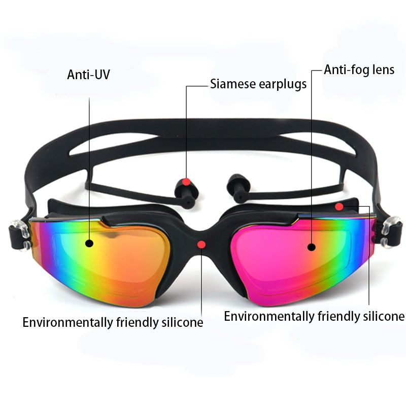 Professional Swimming Goggles Silicone Anti-fog UV Multicolor Swimming Glasses With Earplug for Men Women Water Sports Eyewear