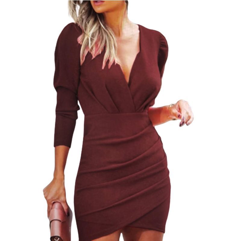 Thin Women's Solid Color Hedging Long Sleeve Dress - globaltradeleader