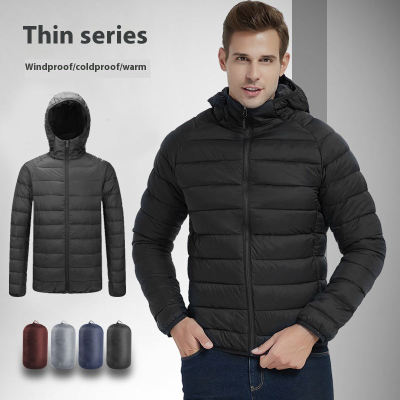 Men's Lightweight Hooded Coat Winter Warm Solid Color Zipper Jacket Fashion Portable Outerwear Top Clothing - globaltradeleader