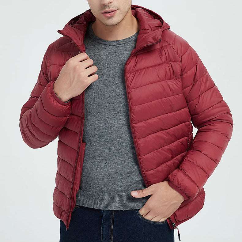Men's Lightweight Hooded Coat Winter Warm Solid Color Zipper Jacket Fashion Portable Outerwear Top Clothing - globaltradeleader