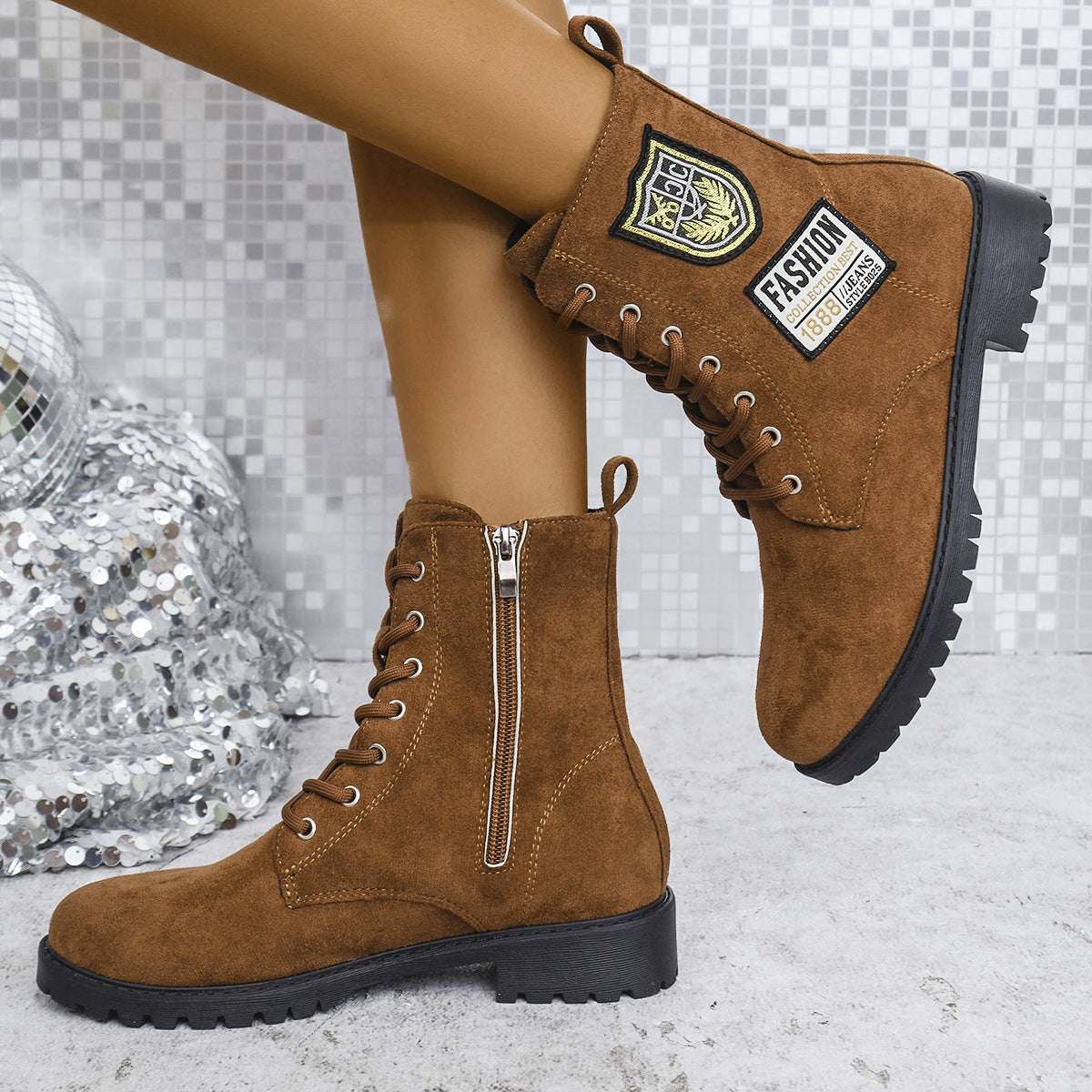 Fashion Lace-up Chunky Heels Boots Winter Round Toe Shoes For Women - globaltradeleader