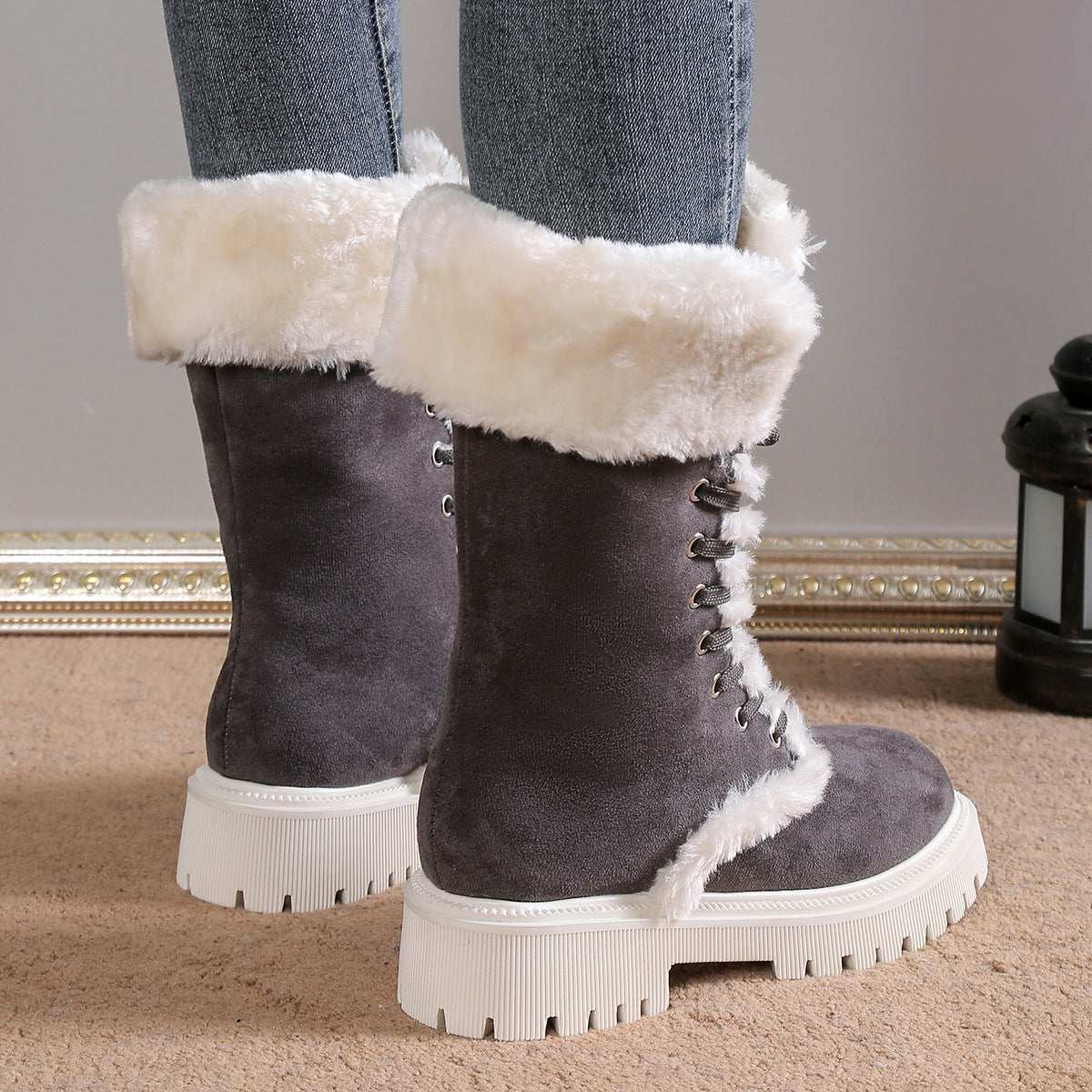 Winter Lace-up Snow Boots For Women Mid-tube Fleece Shoes Warm Chunky Heels Plush Boot - globaltradeleader