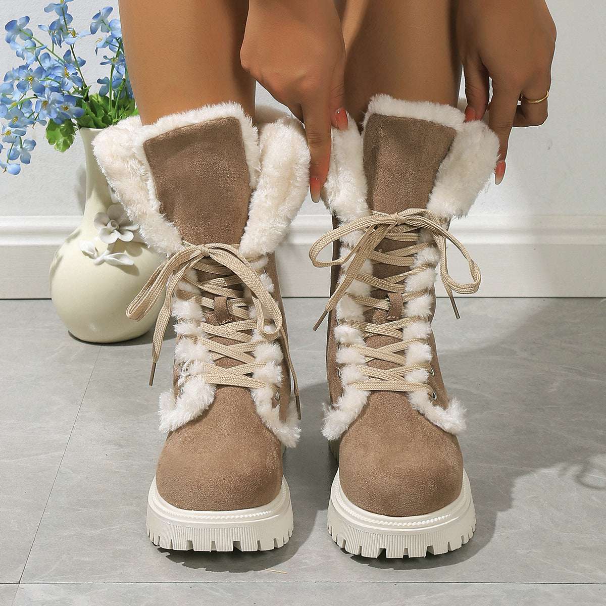 Winter Lace-up Snow Boots For Women Mid-tube Fleece Shoes Warm Chunky Heels Plush Boot - globaltradeleader
