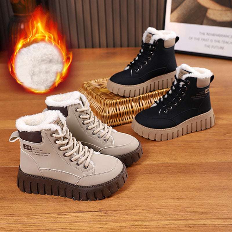 Ins Lace-up Snow Boots Winter Warm Fleece Flat Shoes For Women Fashion Casual Plush Ankle Boot - globaltradeleader