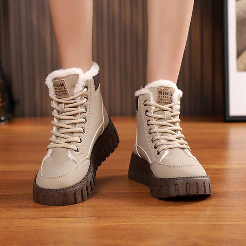 Ins Lace-up Snow Boots Winter Warm Fleece Flat Shoes For Women Fashion Casual Plush Ankle Boot - globaltradeleader