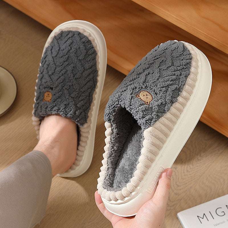 Cute Bear Plush Slippers Winter Warm Fleece Shoes Indoor Bedroom Floor Home Slippers For Women Men Couple - globaltradeleader