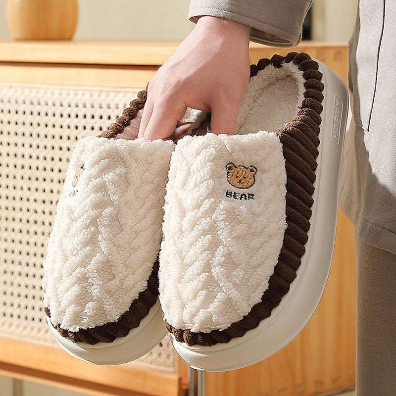 Cute Bear Plush Slippers Winter Warm Fleece Shoes Indoor Bedroom Floor Home Slippers For Women Men Couple - globaltradeleader