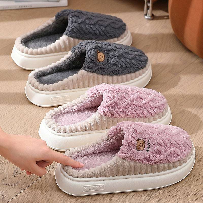 Cute Bear Plush Slippers Winter Warm Fleece Shoes Indoor Bedroom Floor Home Slippers For Women Men Couple - globaltradeleader