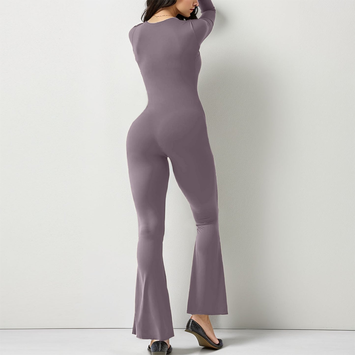 Women Long Sleeve Belly Waist Shaping And Hip Lift Square Collar Wide Leg High Elastic Jumpsuit - globaltradeleader