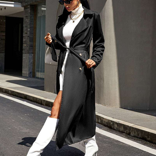 Mid-length High-grade Large Lapel Temperament Commute Lace-up Waist-controlled Black Coat - globaltradeleader