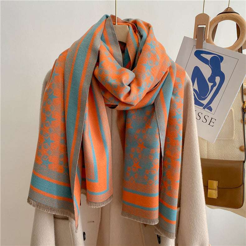 Autumn And Winter Five-pointed Star Warm Scarf Female Long Thickened Artificial Cashmere Scarf