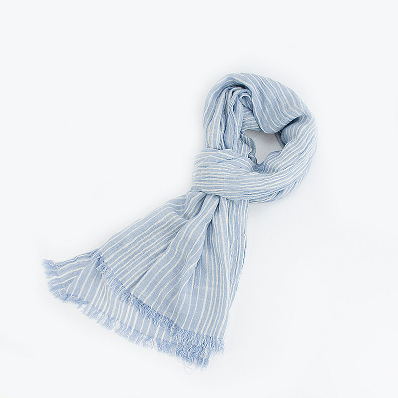 Cotton And Linen Scarf Japanese Literary Style Striped Fringed Drape