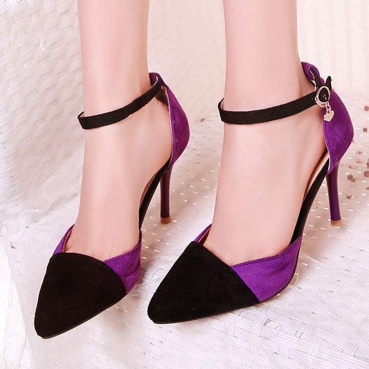 Pointed Suede Color Matching European And American Style Buckle Strap Stiletto Sexy Ladies Sandals - globaltradeleader