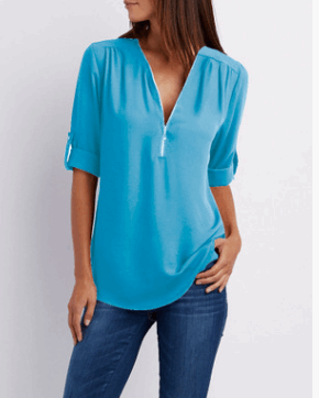 Large Size Long Sleeve Loose V-neck Shirt