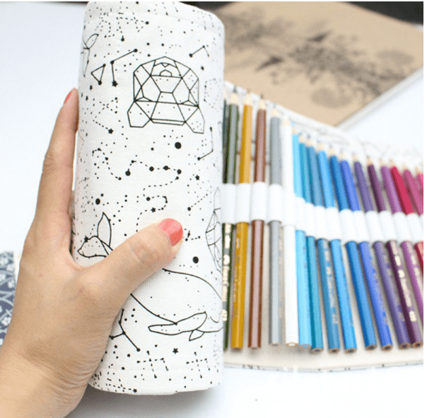 Holes Big Capacity Pencil Case School Canvas Roll Pouch Colored Pencils Box Constellation Sketch Brush Pen Bag