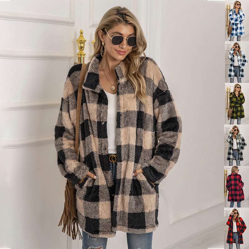 Colorblock Plaid Fleece Jacket Fashion Single Breasted Long Jacket Women's Clothing - globaltradeleader