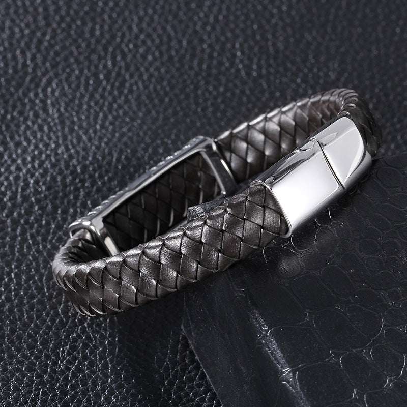 Men's Stainless Steel Leather Rope Bracelet Titanium Steel Leather Woven Retro Bracelet Magnetic Clasp Hand Jewelry