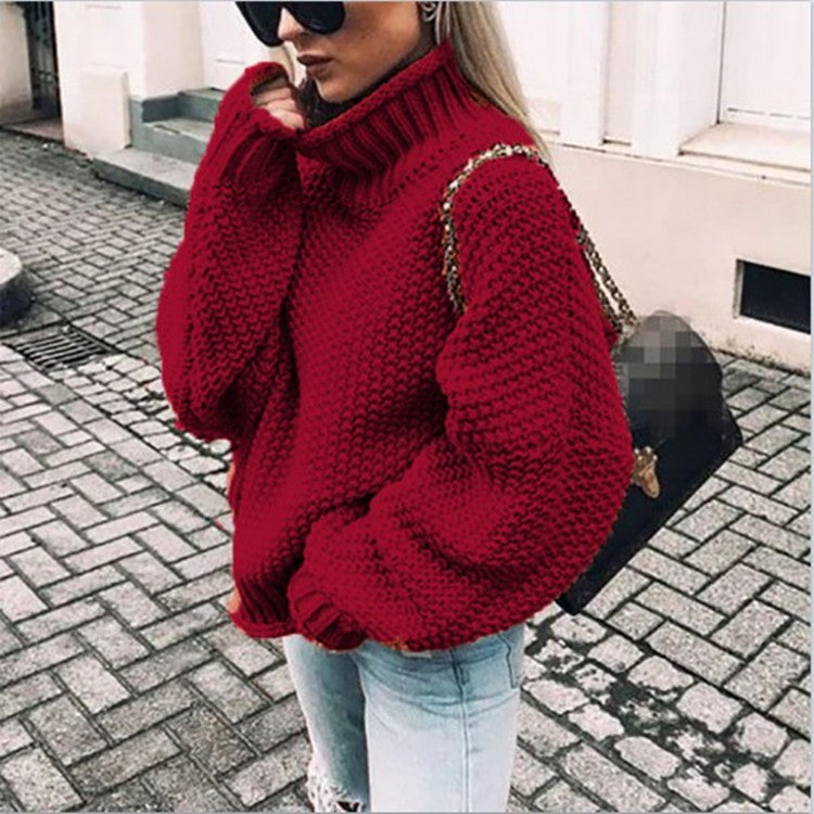 Autumn And Winter Sweater Women's Rolled Edge High Collar Bat Sleeve Sweater - globaltradeleader