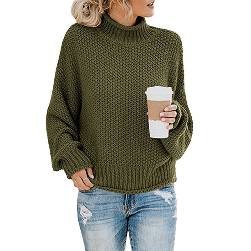 Autumn And Winter Sweater Women's Rolled Edge High Collar Bat Sleeve Sweater - globaltradeleader