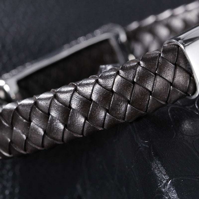 Men's Stainless Steel Leather Rope Bracelet Titanium Steel Leather Woven Retro Bracelet Magnetic Clasp Hand Jewelry