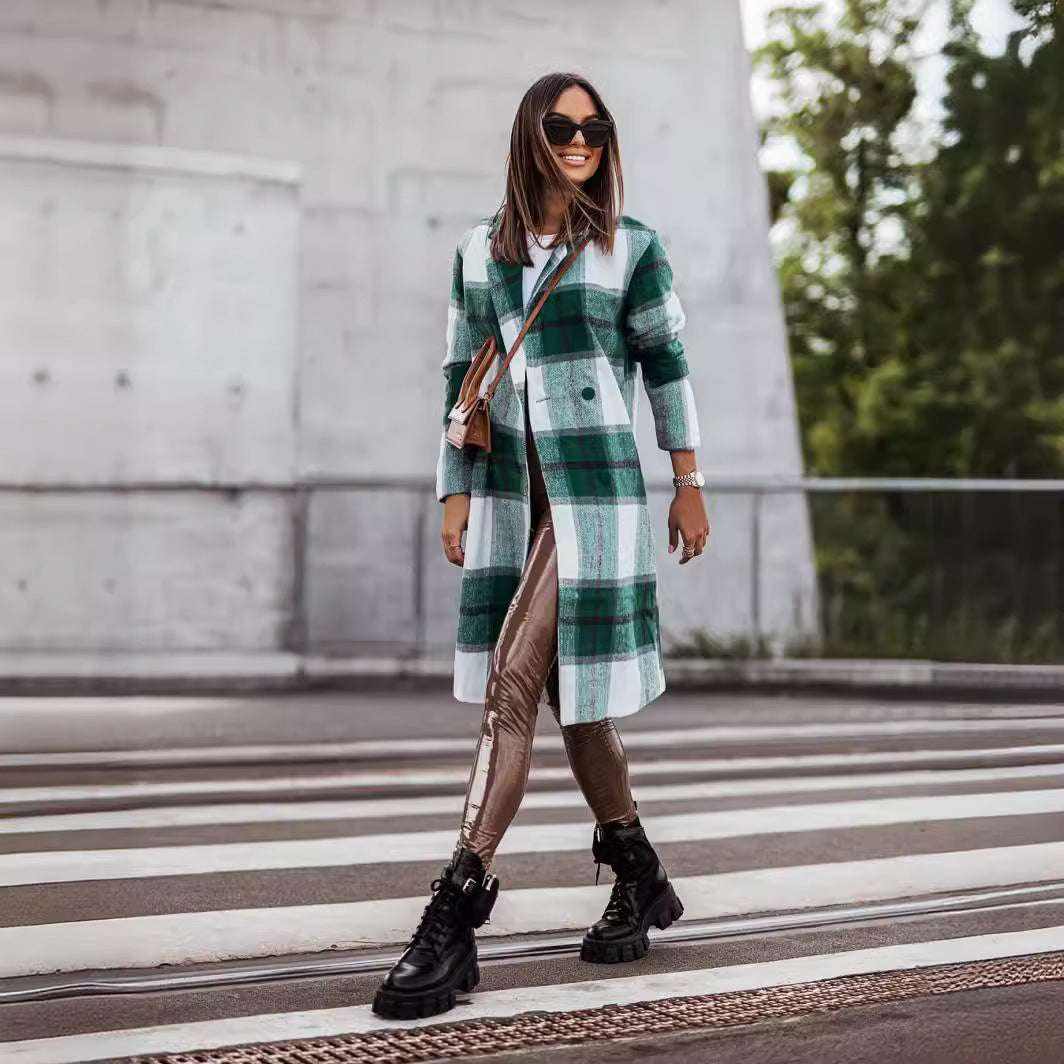 European And American Fall Winter Fashion Brushed Mid-length Plaid Wool Coat - globaltradeleader