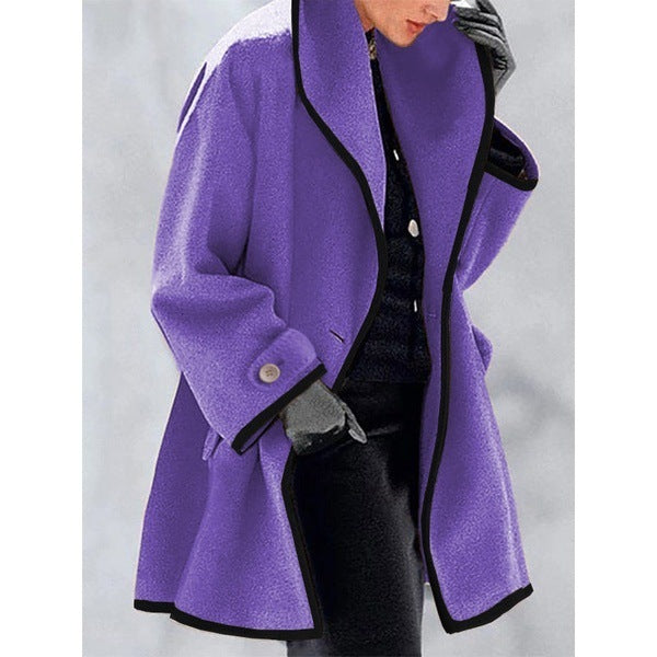 Multicolor Round Neck Loose Hooded Woolen Coat - globaltradeleader