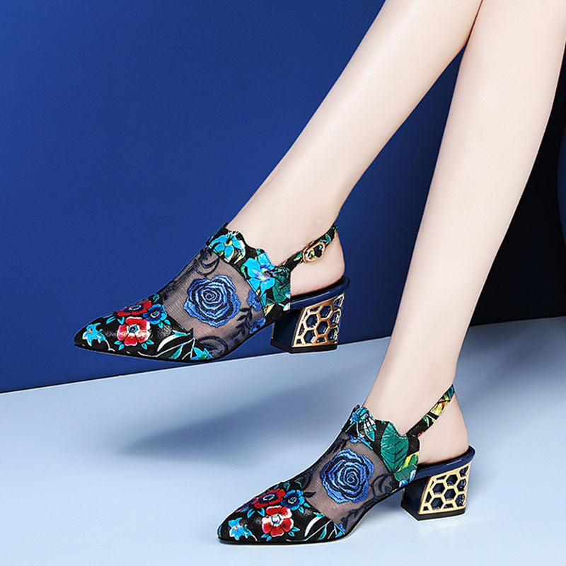 Ethnic Wind Rhinestone Mid-heel Mesh Slippers - globaltradeleader