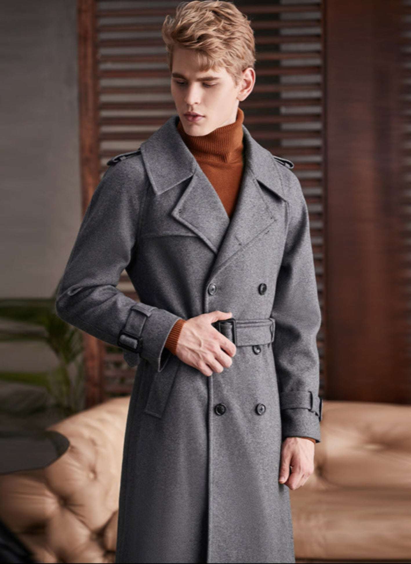 Men's Double Breasted Knee Length Woolen Coat - globaltradeleader
