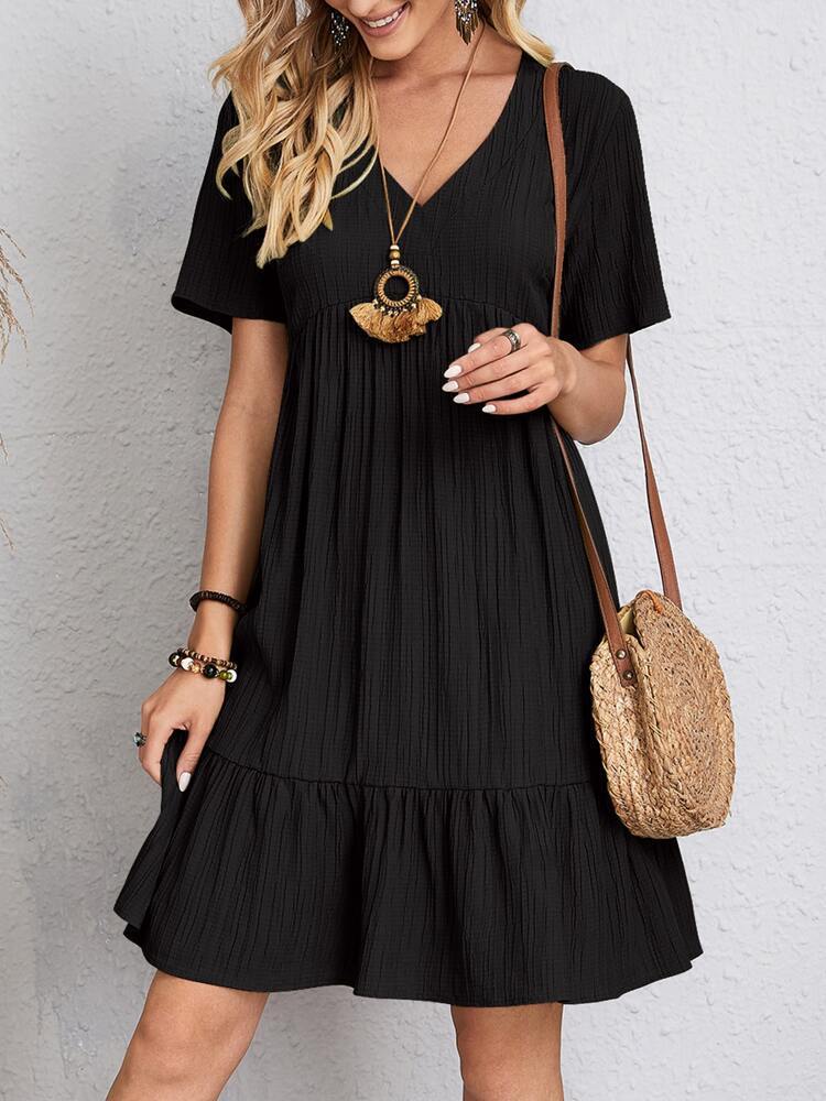V-neck Short Sleeve Dress Summer Fashion Casual Loose Ruffled Dresses Beach Clothing Women - globaltradeleader