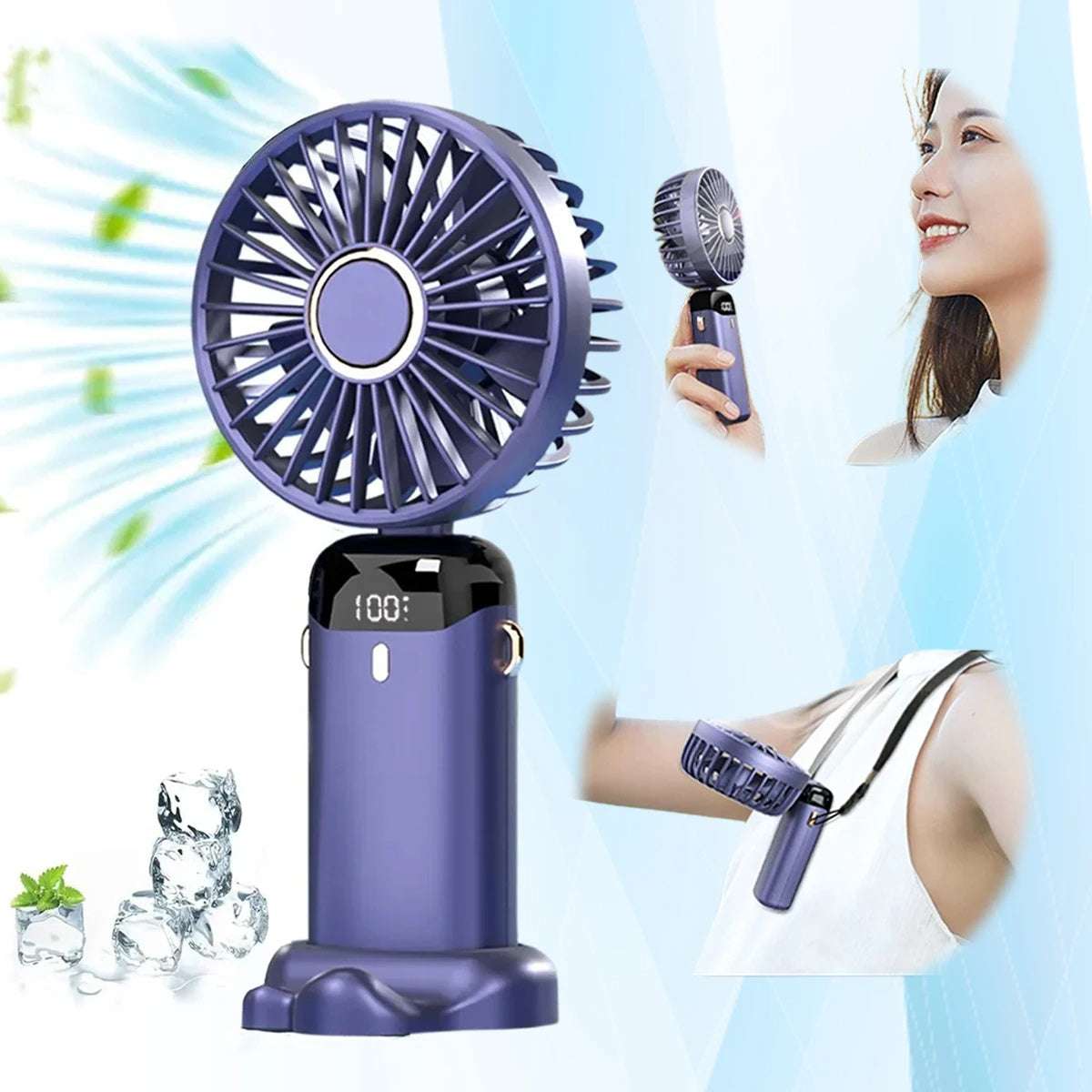 USB Rechargeable Mini Portable Handheld Electric Fan Foldable Neck Hanging Outdoor Fan Adjustable 5 Speed Powerful Air Cooler - globaltradeleader