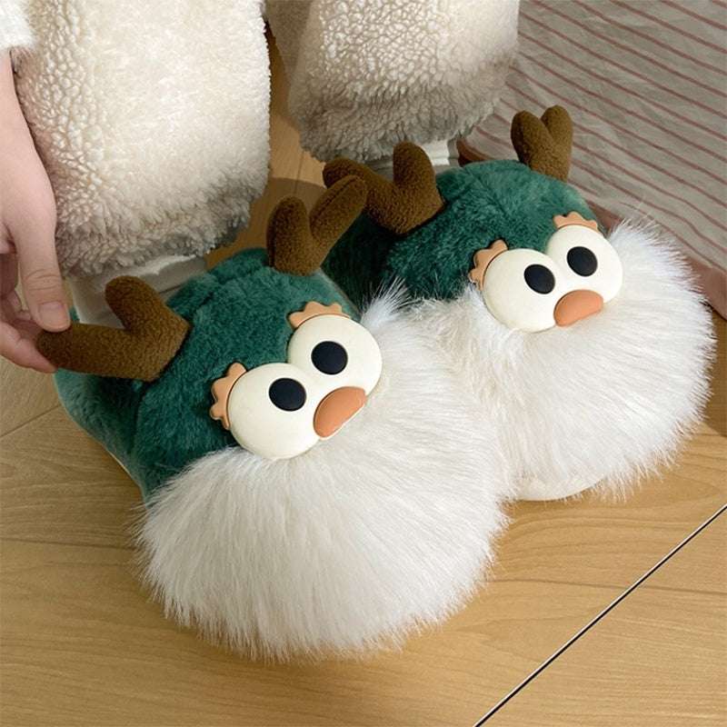 Cute Cartoon Christmas Deer Cotton Shoes Winter Indoor Floor Home Slippers Half-covered Heel Warm Plush Shoes Women - globaltradeleader
