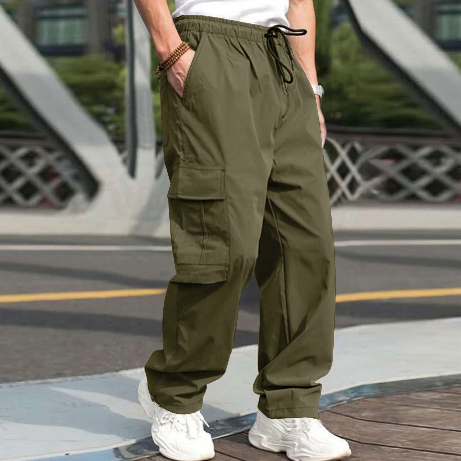 Casual Cargo Pants For Men Loose Straight Drawstring Waist Trousers With Pockets - globaltradeleader